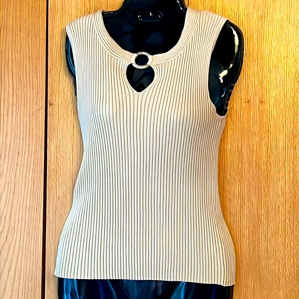 Vintage Y2K 90s sleeveless S beige circle ring ribbed stretch silk blend sweater